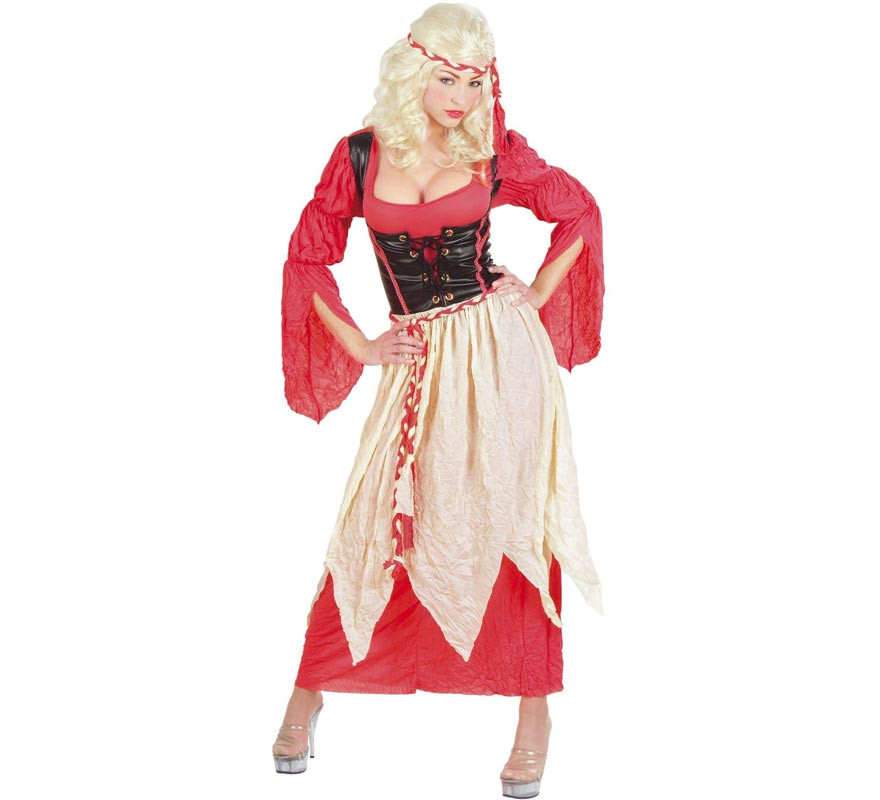 Traje de bartender medieval vermelho com cocar para mulher