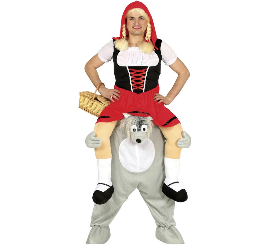 Fato de Chapeuzinho Vermelho nos ombros do Lobo para adulto