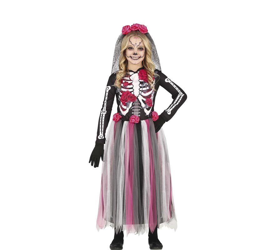 Fato Catrina com saia de tule rosa para menina Fato Catrina com saia de tule rosa para menina