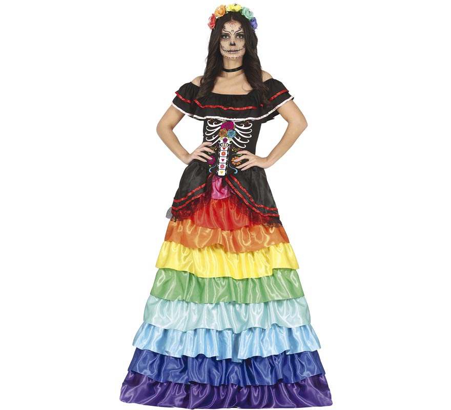 Fato de Catrina com vestido multicolorido para mulher Fato de Catrina com vestido multicolorido para mulher