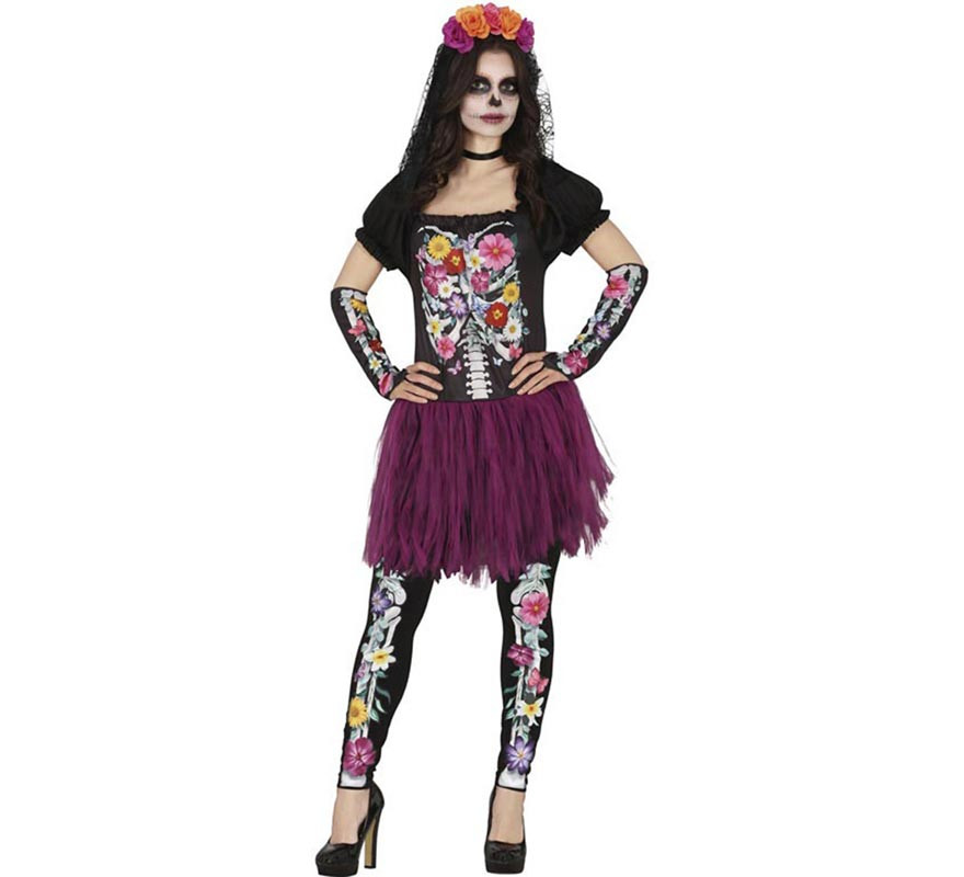 Fato de Catrina Floreada roxa para mulher