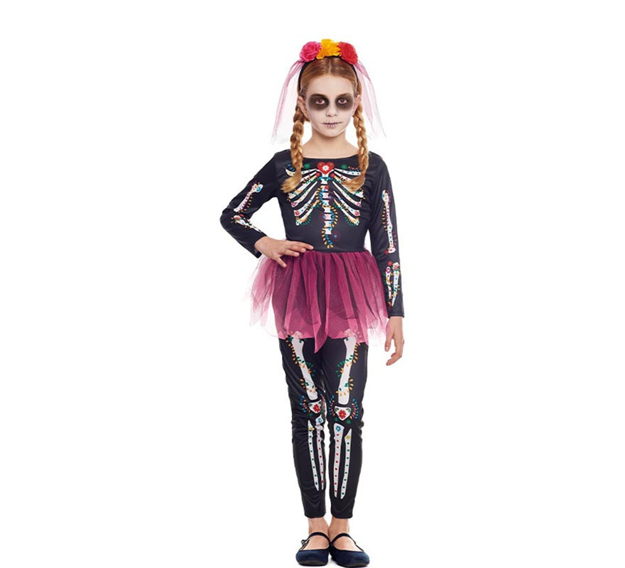 Pink Catrina costume with headband and veil for girls
