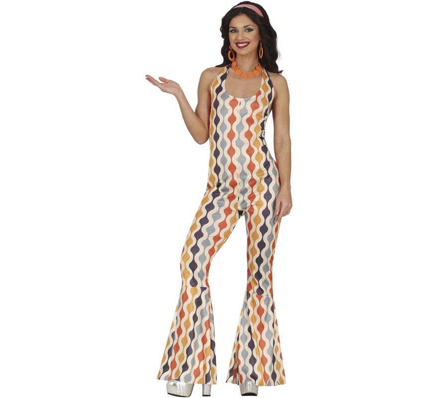 Fato de Disco Girl multicolorido dos anos 70 para mulher