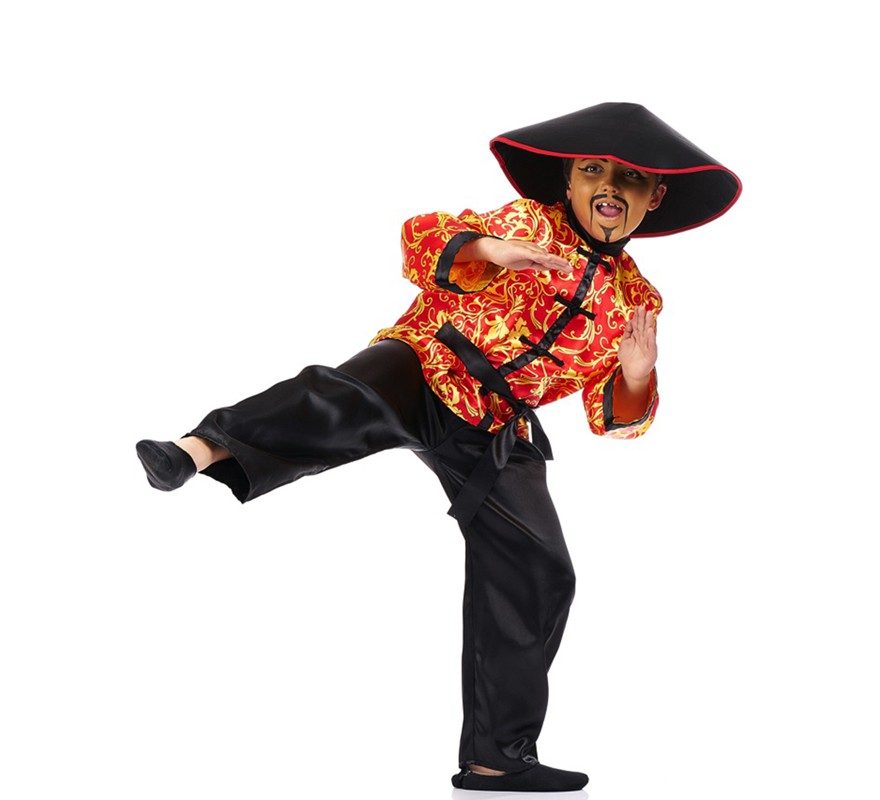 Traje chinês vermelho com criança impressão