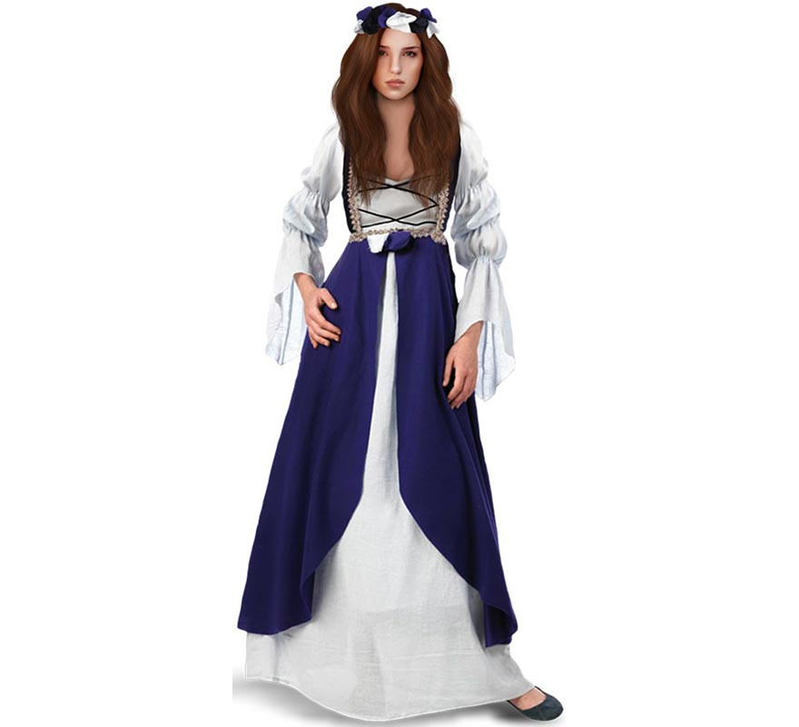 Fato de senhora medieval azul e branco para mulher