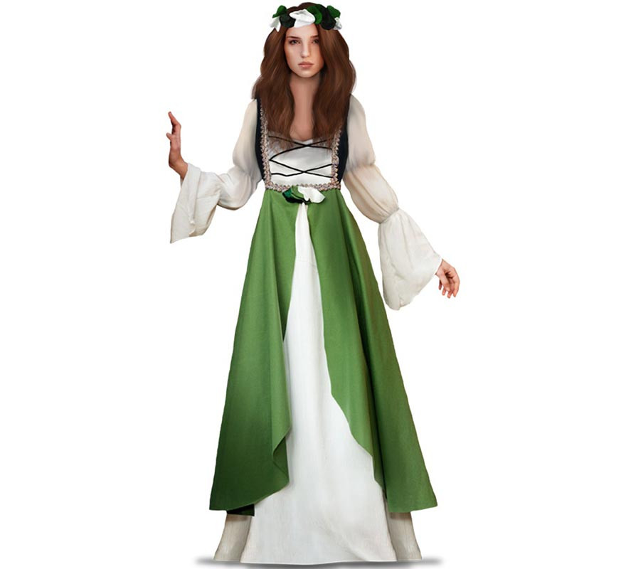Fato de senhora medieval verde e branco para mulher
