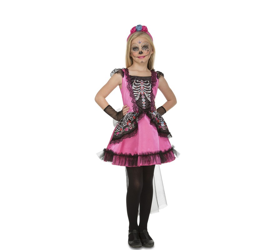 Fato de donzela esqueleto rosa para menina