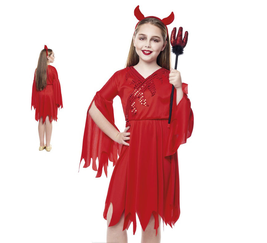 Fato chique de diabo vermelho com pontas para menina