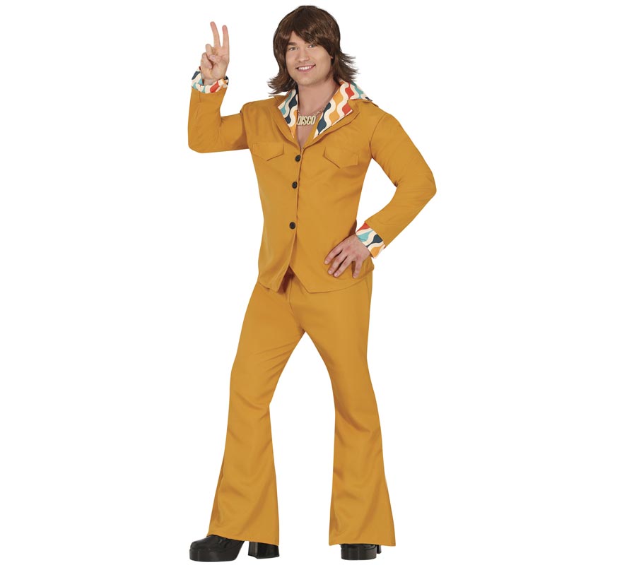 Fato de discoteca laranja dos anos 70 para homem