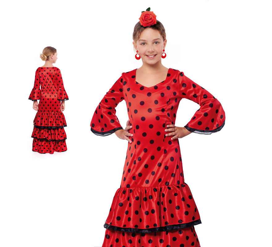 Fato de flamenco vermelho com bolinhas pretas para menina