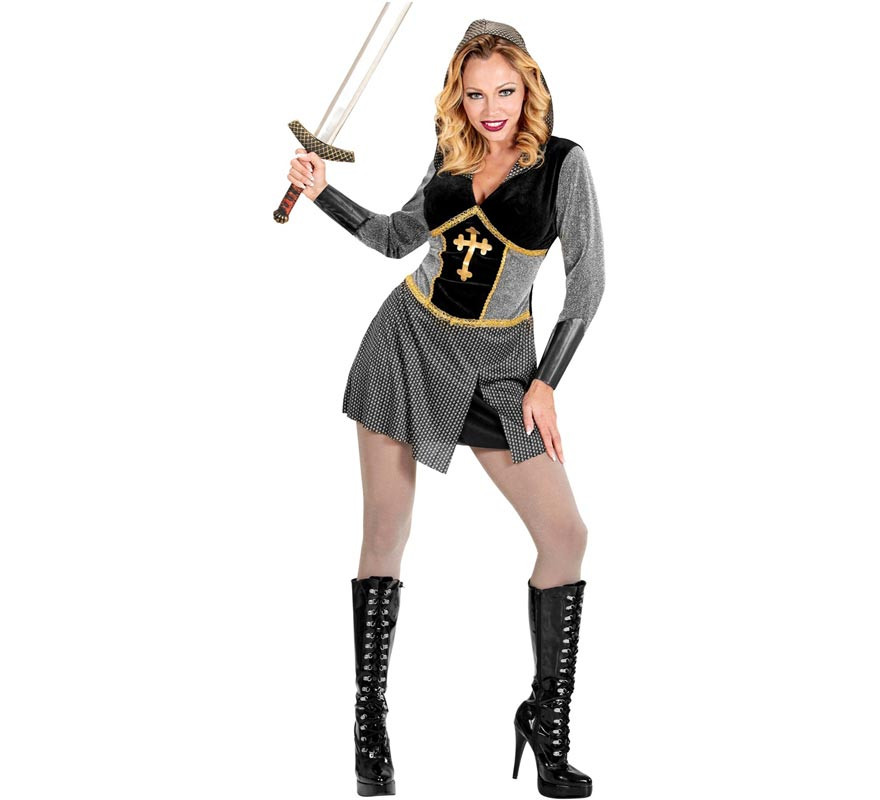 Fantasia de guerreiro medieval escuro com capuz para mulher