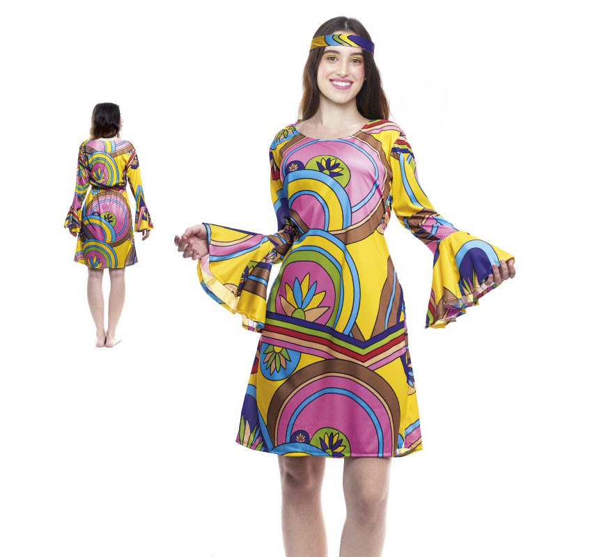 Yellow Hippie Costume Printed Dress for Women