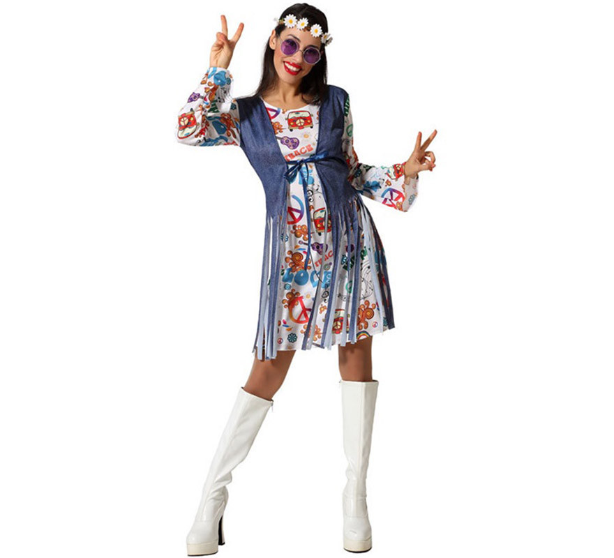 White Hippie Costume with Print for Women