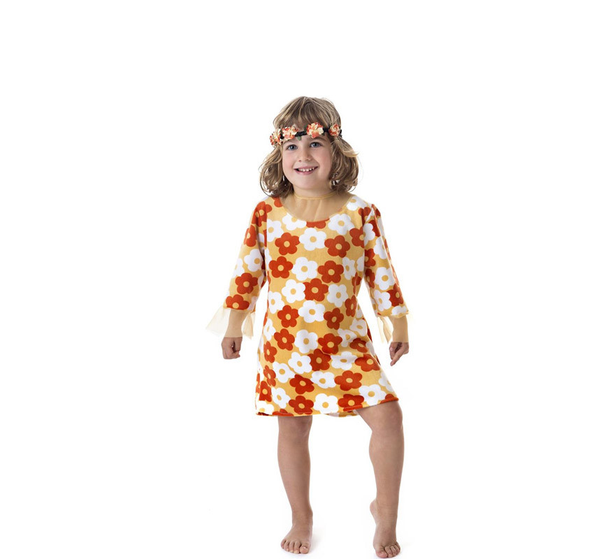 Fato hippie Vestido laranja com flores para menina