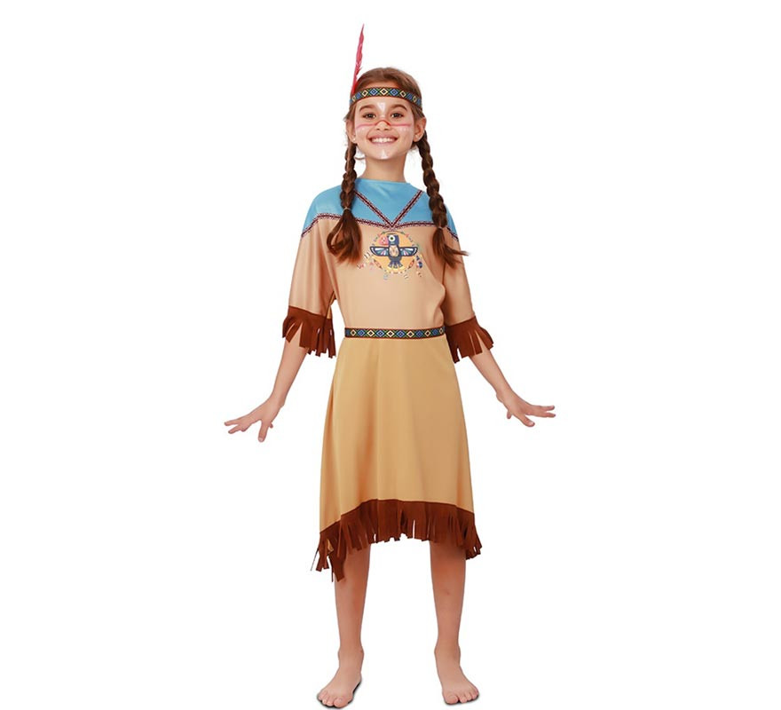 Fato de índia Apache em vestido com cocar para menina