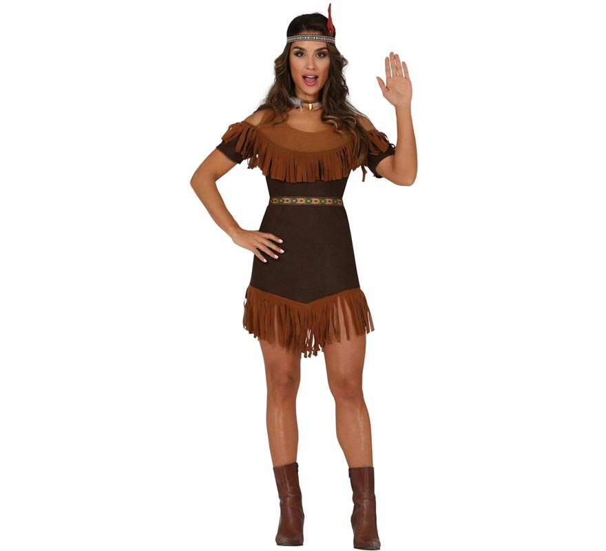 Fato de índia castanha com franjas para mulher