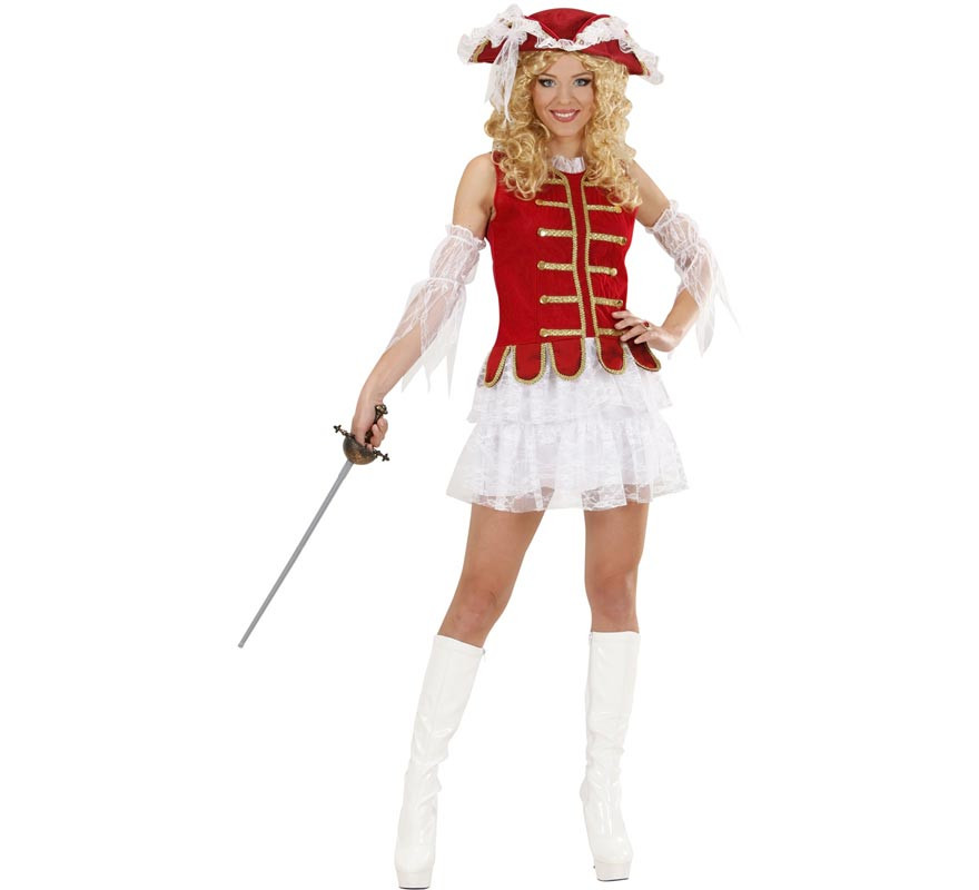 Red and white Musketeer costume with hat for women