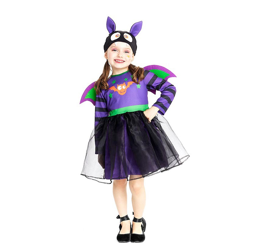 Fato de morcego roxo com chapéu e asas para bebé e menina