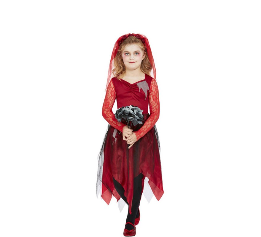 Fato de noiva zumbi vermelha para menina
