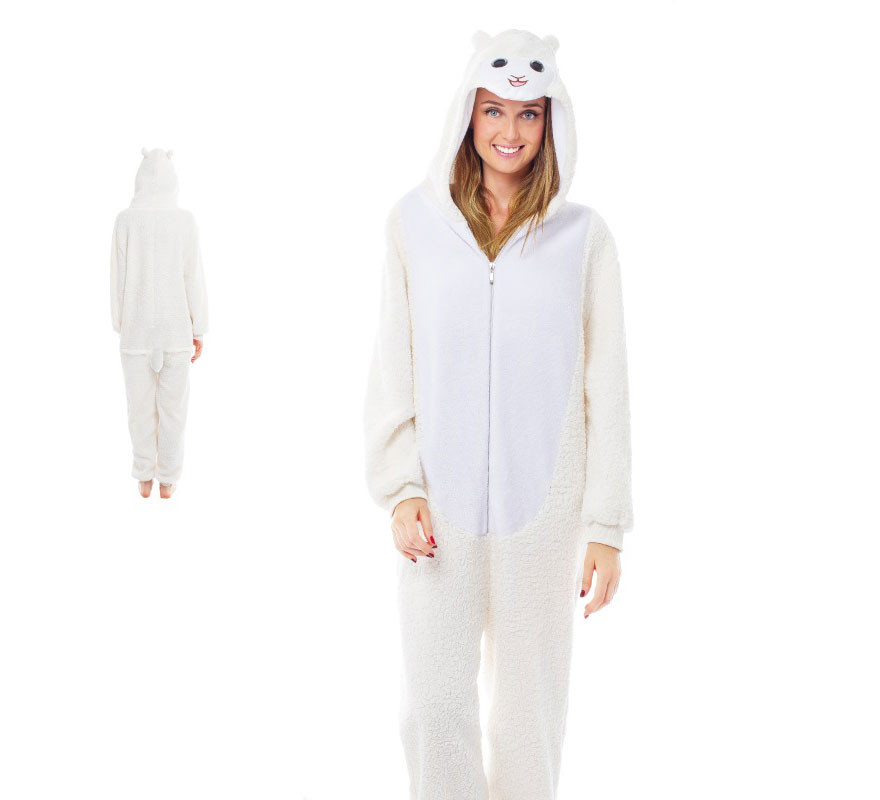Fato feminina de ovelha branca com capuz Fato feminina de ovelha branca com capuz