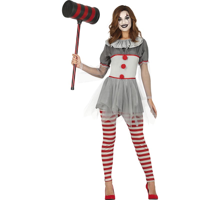 Fato de palhaço assustador cinzento para mulher
