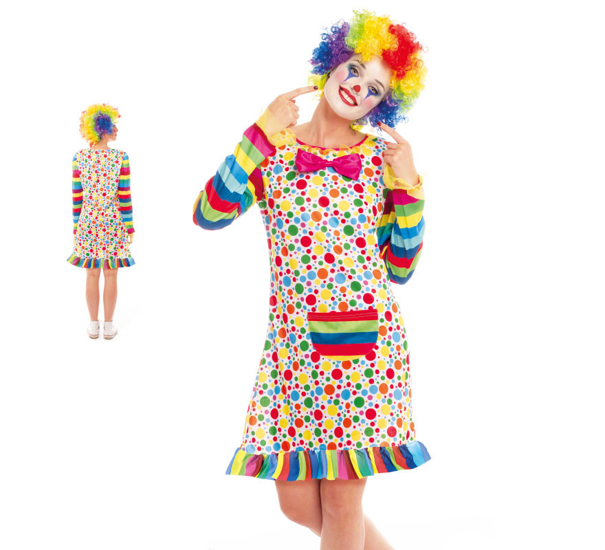 Fato de palhaço multicolorido com bolinhas para mulher