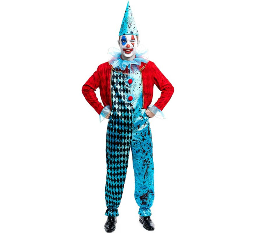 Blue and red maniac clown costume for men