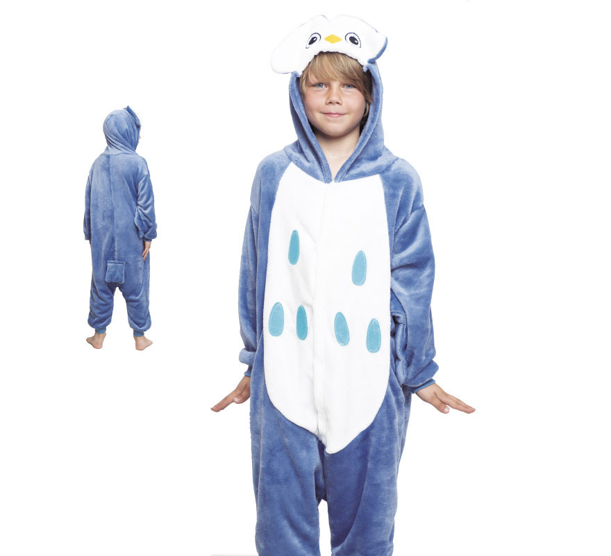 Fato de pijama de coruja azul com capuz para menino