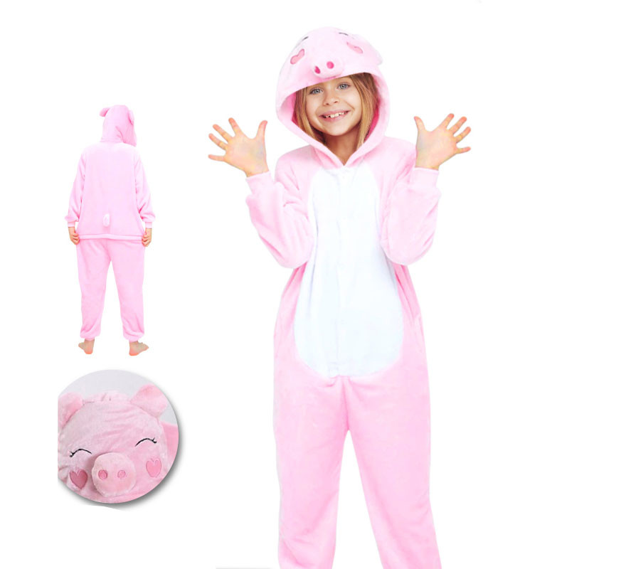 Fato de pijama de porco rosa com capuz para menina
