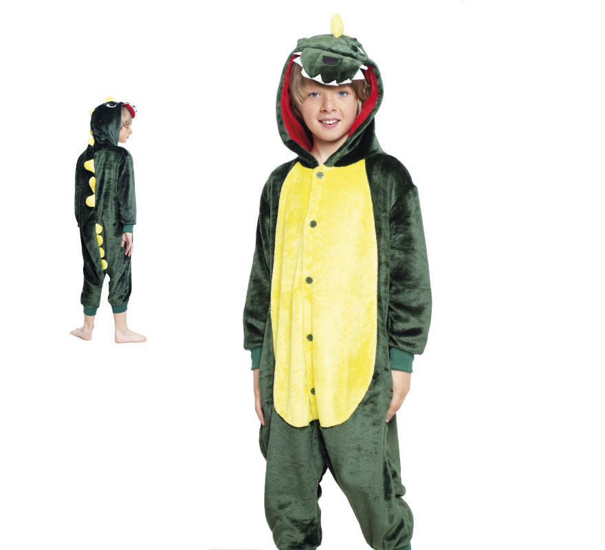 Green and yellow dinosaur pajama costume with hood for boy