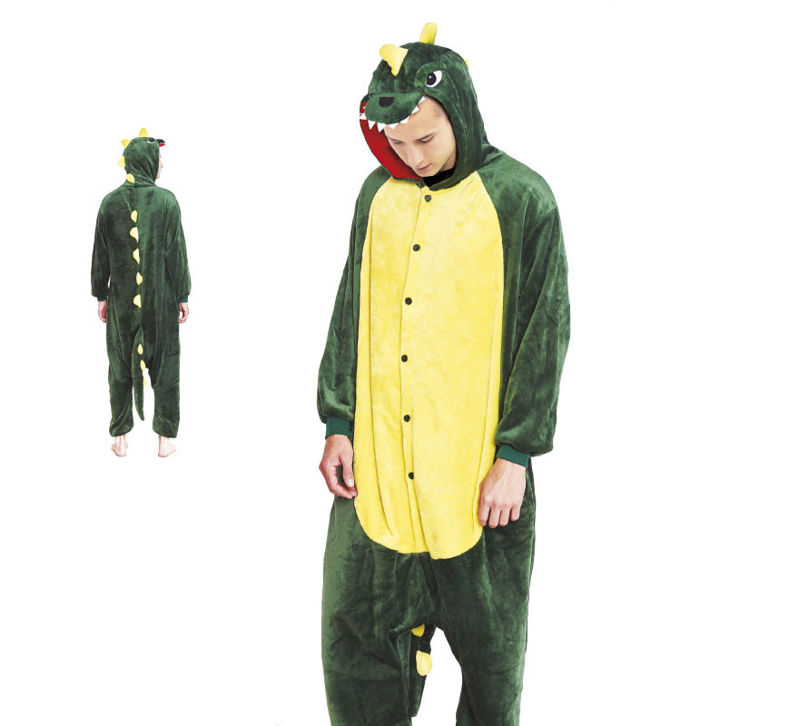 Fato de pijama de dinossauro verde e amarelo para homem