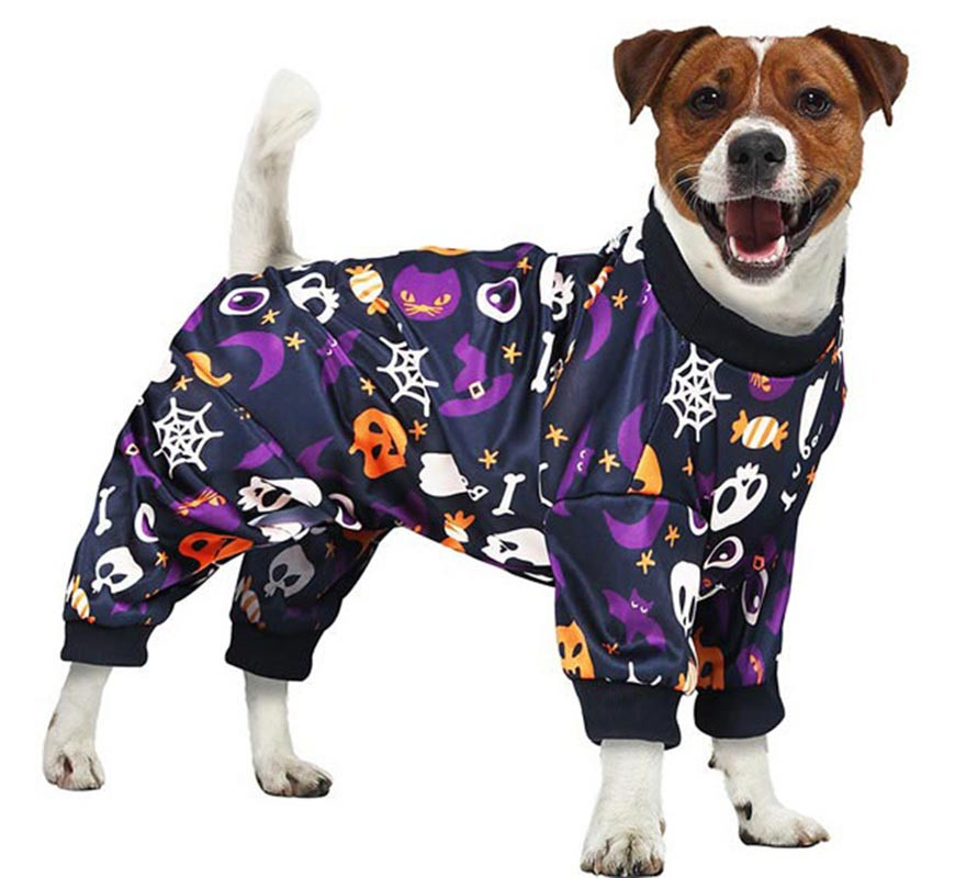Fato de pijama roxo de doces ou travessuras para cachorro