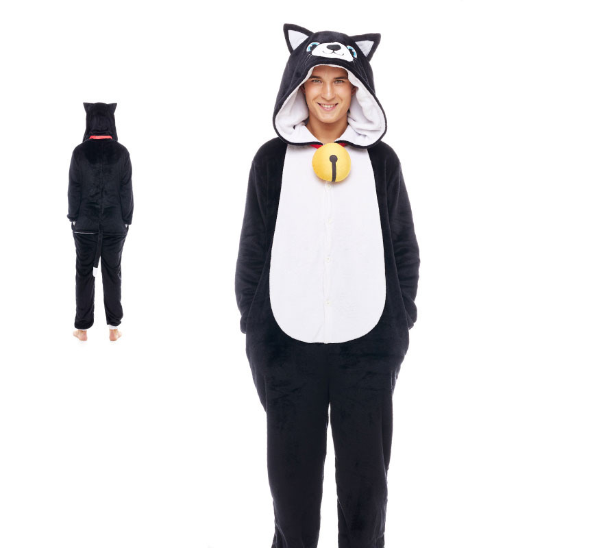 Black cat with bell pajama costume for adults Black cat with bell pajama costume for adults