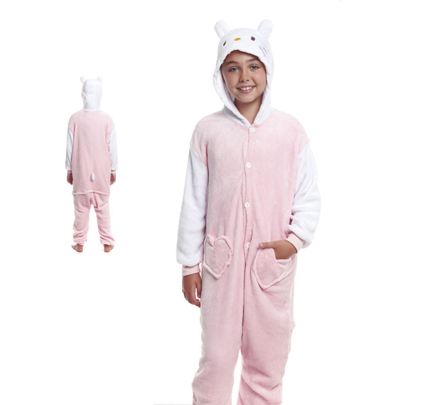 Fato de pijama de gato rosa com capuz para menina Fato de pijama de gato rosa com capuz para menina