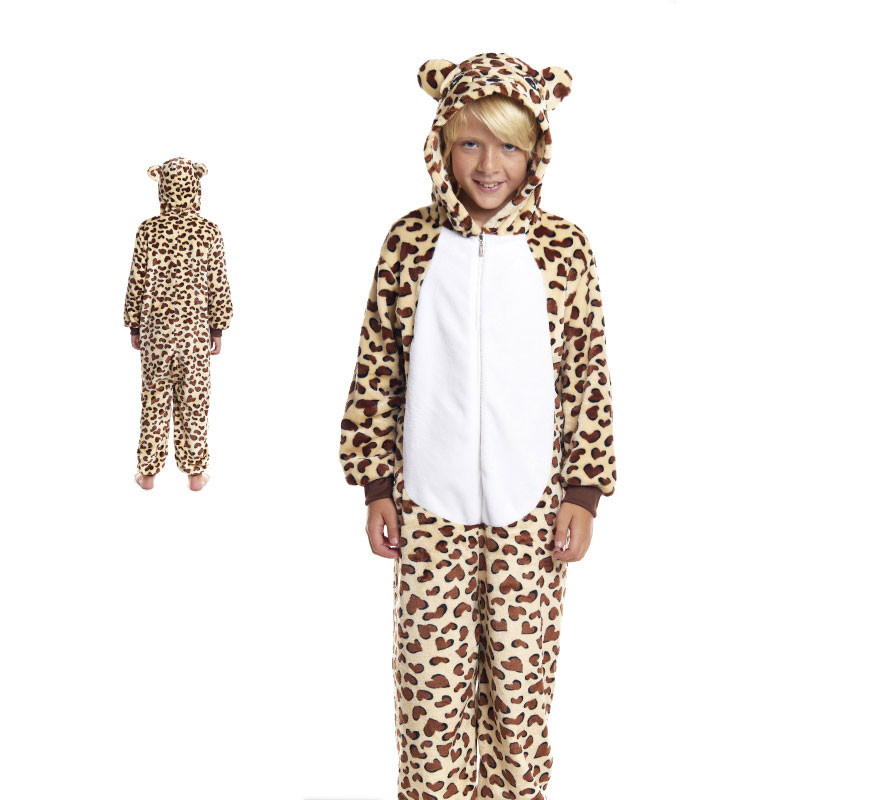 Fato de pijama leopardo castanho com capuz para menino Fato de pijama leopardo castanho com capuz para menino