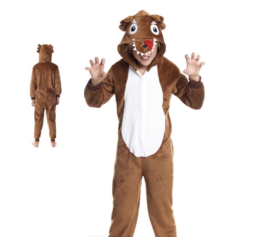 Fato de pijama de lobo marrom com capuz para menino