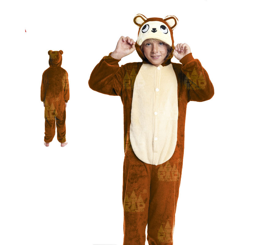 Fato de pijama macacão marrom com capuz para menino