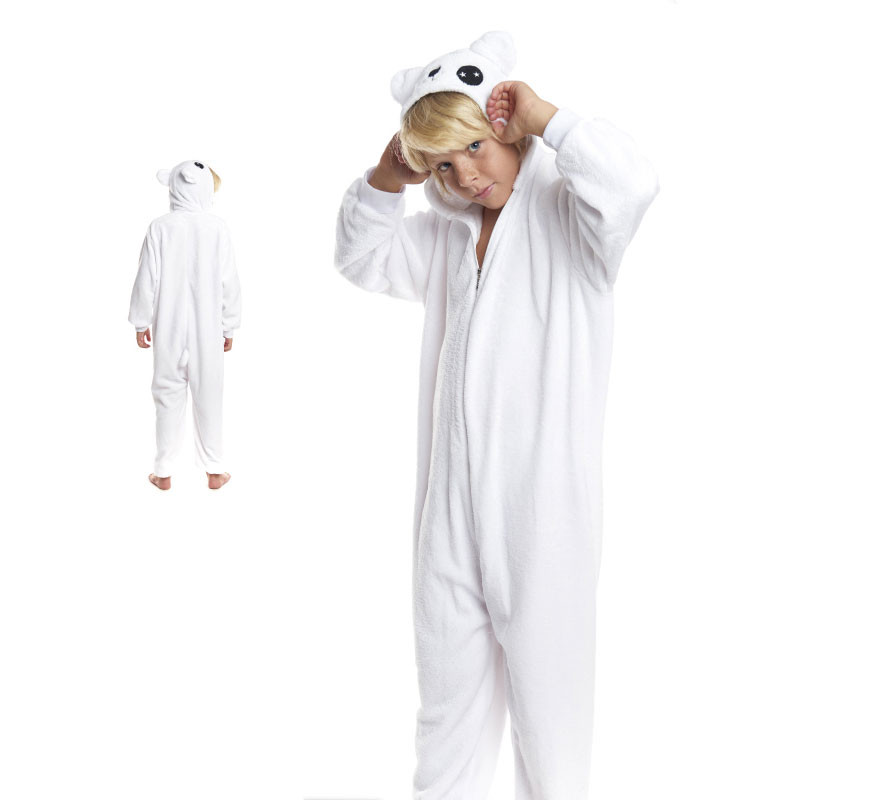 Fato de pijama de urso branco com capuz para menino