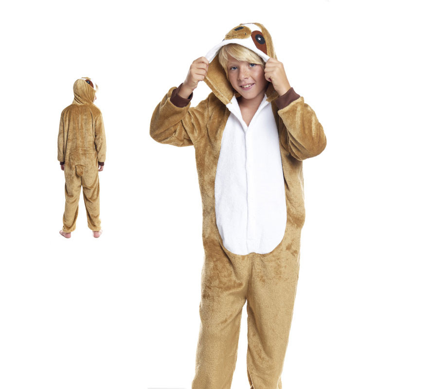 Fato de pijama de preguiça marrom com capuz para menino