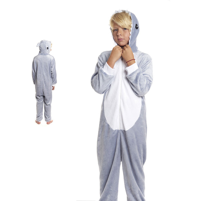 Fato de pijama de tubarão cinza com capuz para menino