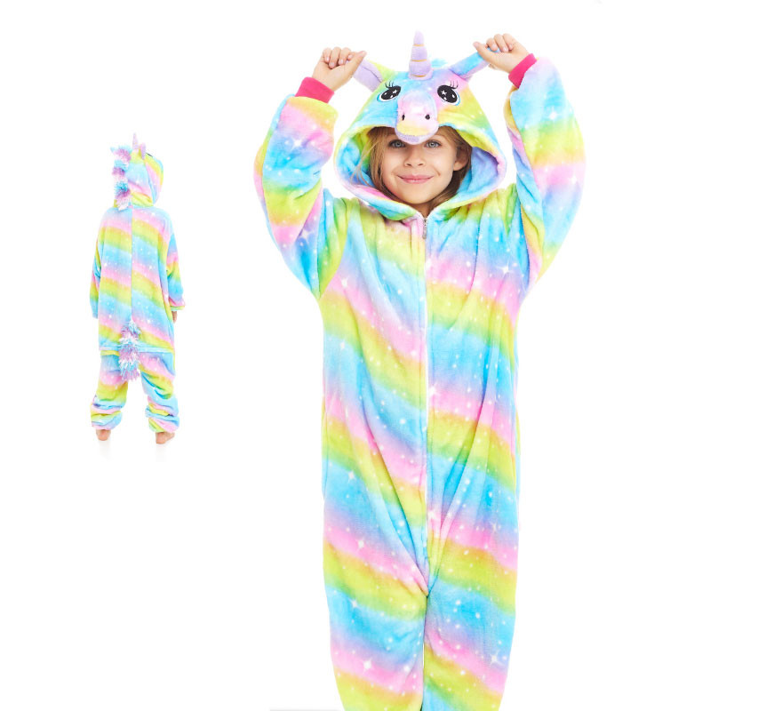 Fato de pijama de unicórnio arco-íris com capuz para menina