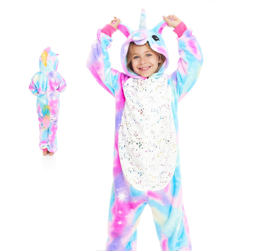 Fato de pijama de unicórnio azul e rosa com capuz para menina Fato de pijama de unicórnio azul e rosa com capuz para menina