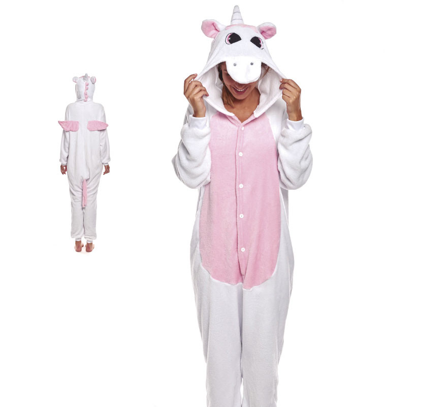 Fato de pijama de unicórnio branco e rosa para mulher