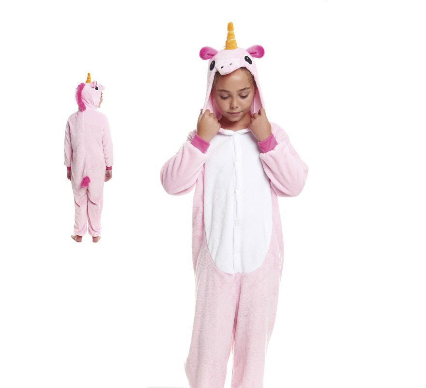 Fato de pijama de unicórnio rosa com capuz para menina