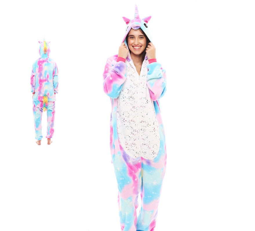 Fato de pijama de unicórnio rosa e azul para mulher