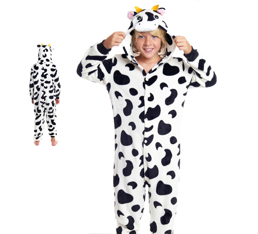 Black polka dot cow pajama costume with hood for boy