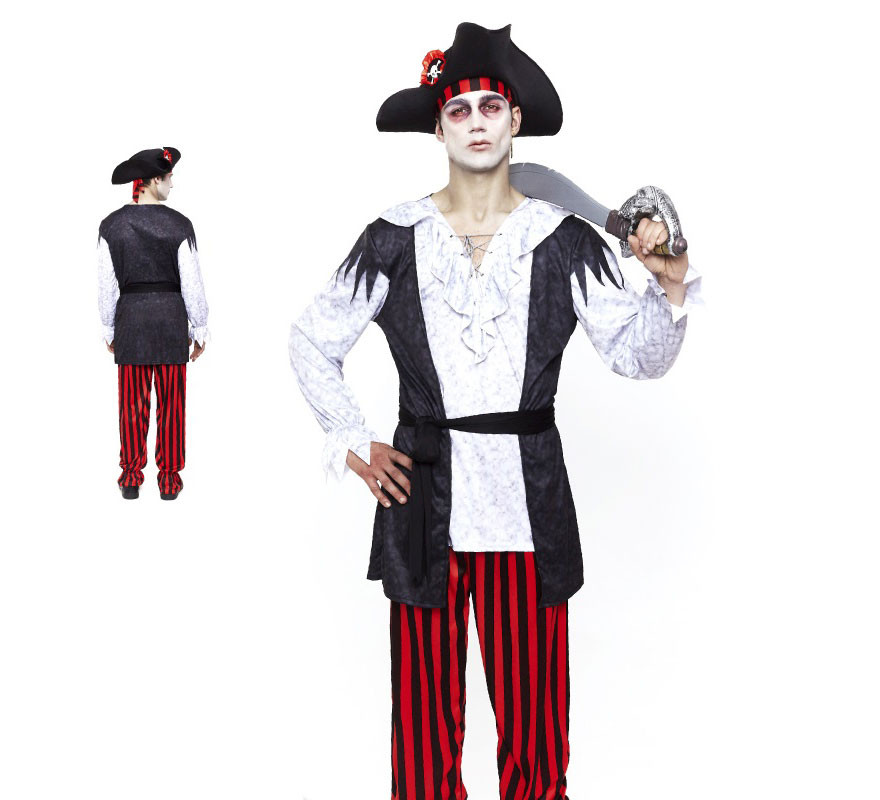 Fato masculina de pirata zumbi com listras vermelhas