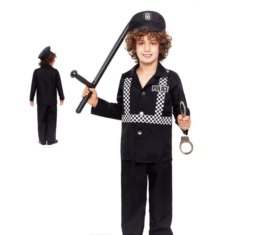 Fato de policial xadrez preto para menino