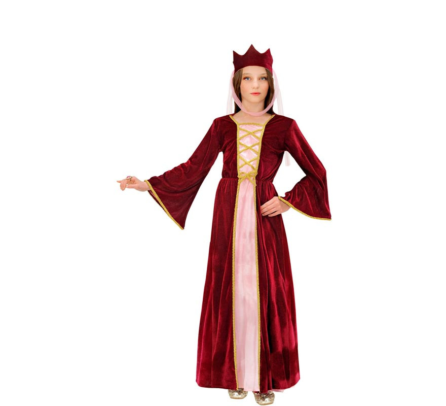 Fato de rainha medieval bordô e rosa com coroa para menina
