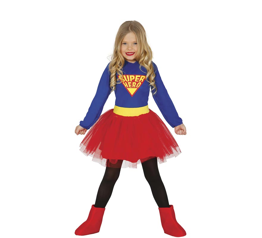 Fato de super heroína azul e vermelho com tutu para menina